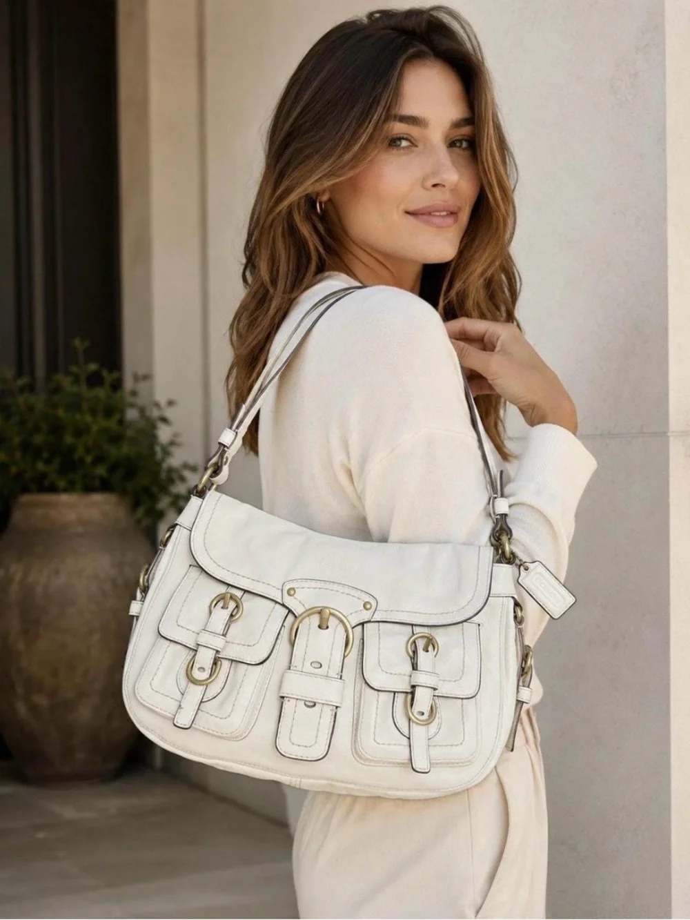 Coach Legacy Garcia Buckle Ivory leather Shoulder Bag (Preowned)